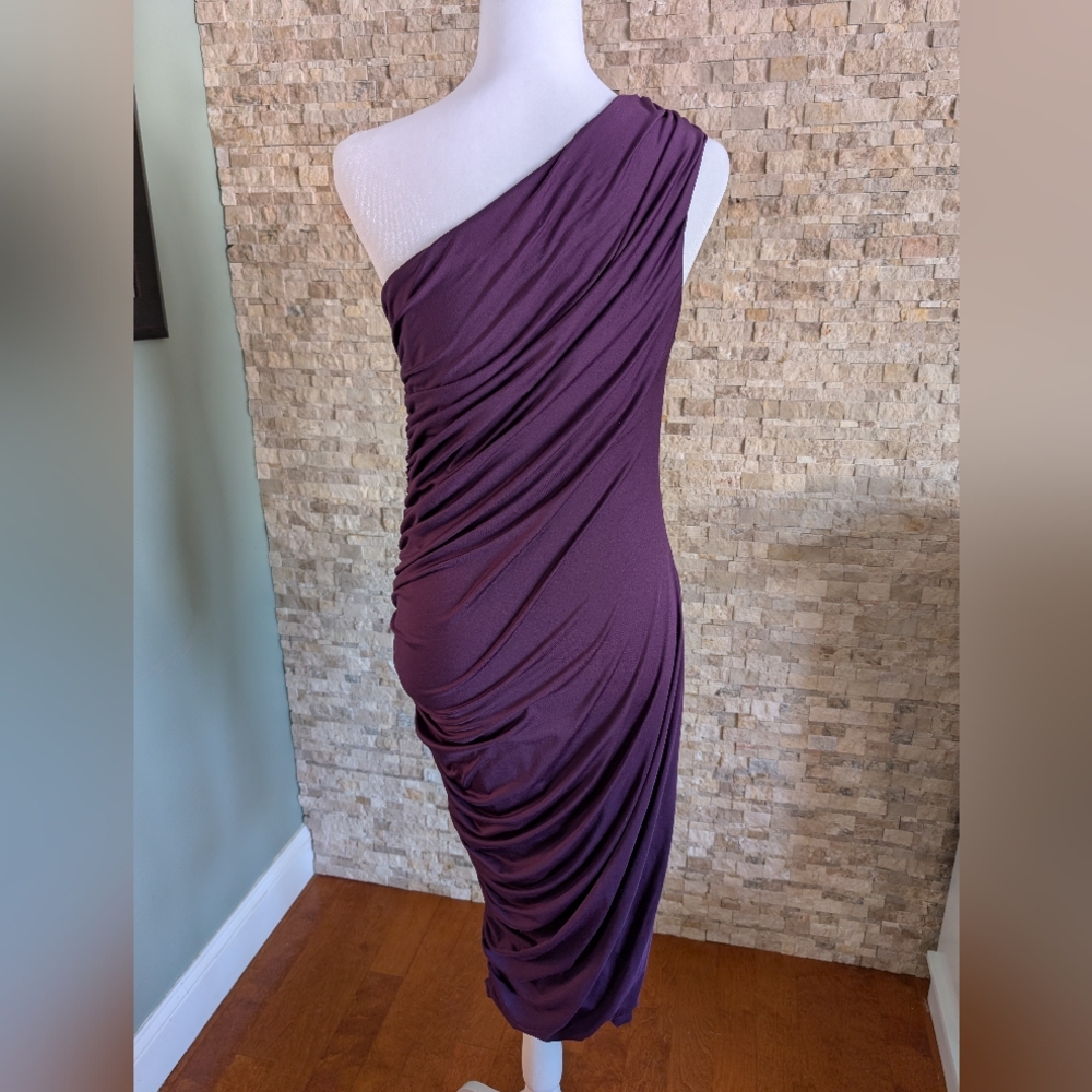 Ruched Purple One-Shoulder Drape Bodycon Dress Wedding Cocktail M image 10